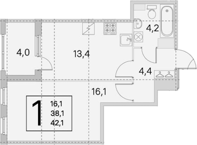 1-комнатная квартира 38.1 м², 5/5 эт., ЖК «ЮгТаун. Олимпийские кварталы»